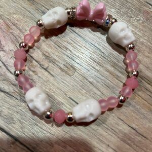 Pink and White Skull Beaded Bracelet